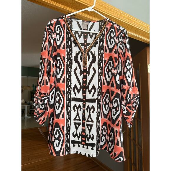 Chico’s sheer patterned blouse wood bead v neck 2 - Picture 1 of 10